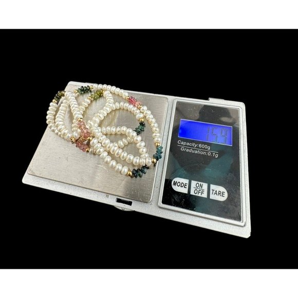 14k Three Strand Freshwater Pearl Multi gemstone Beaded Bracelet 7.5 Inches - Picture 7 of 8